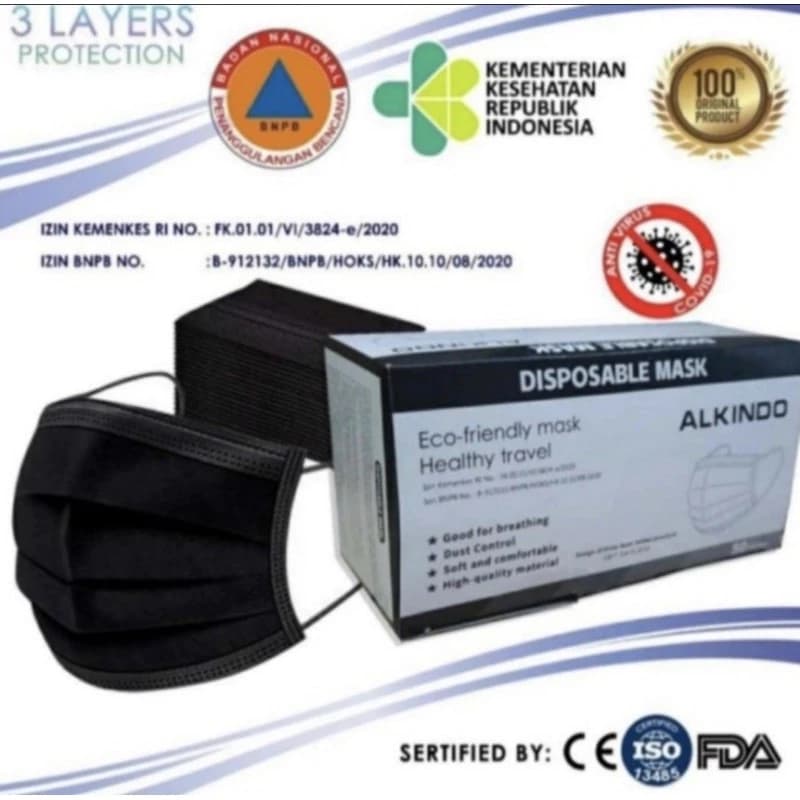 Masker Hitam 3 Ply Tebal Isi 50 Pcs
