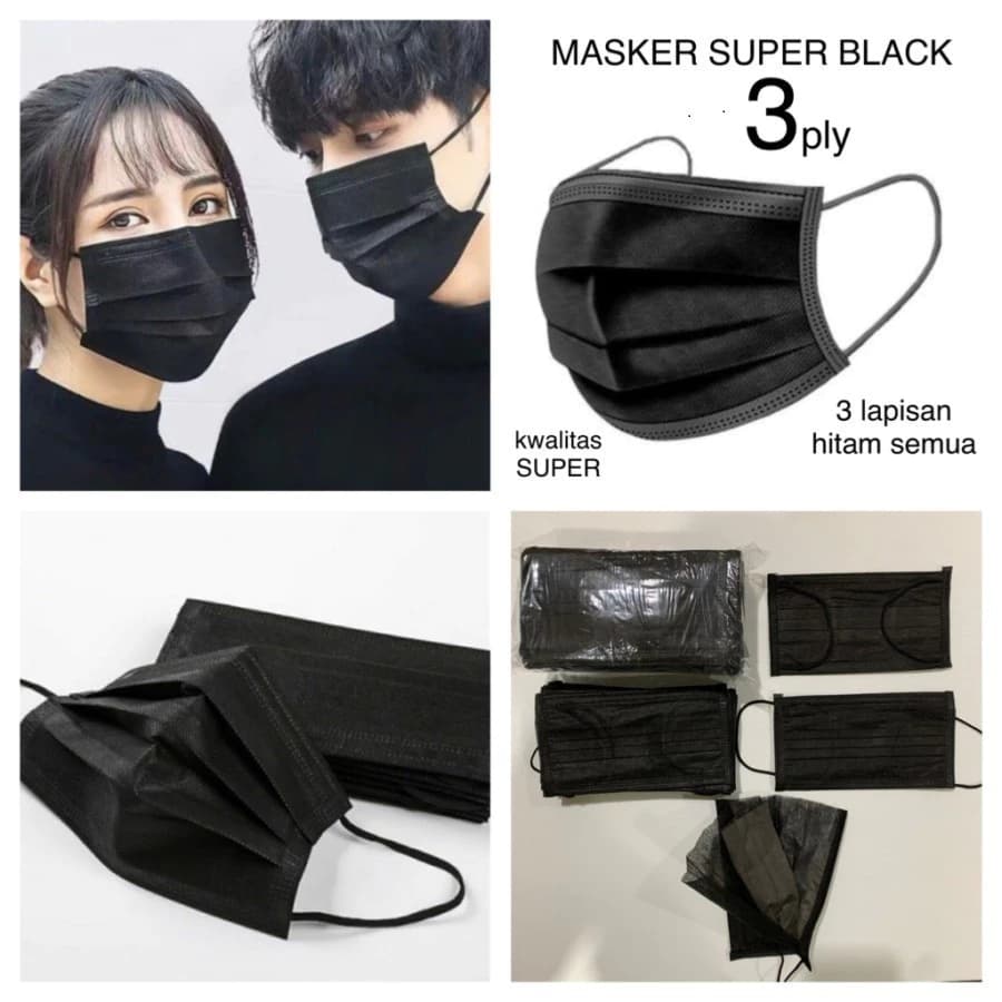 Masker Hitam 3 Ply Tebal Isi 50 Pcs